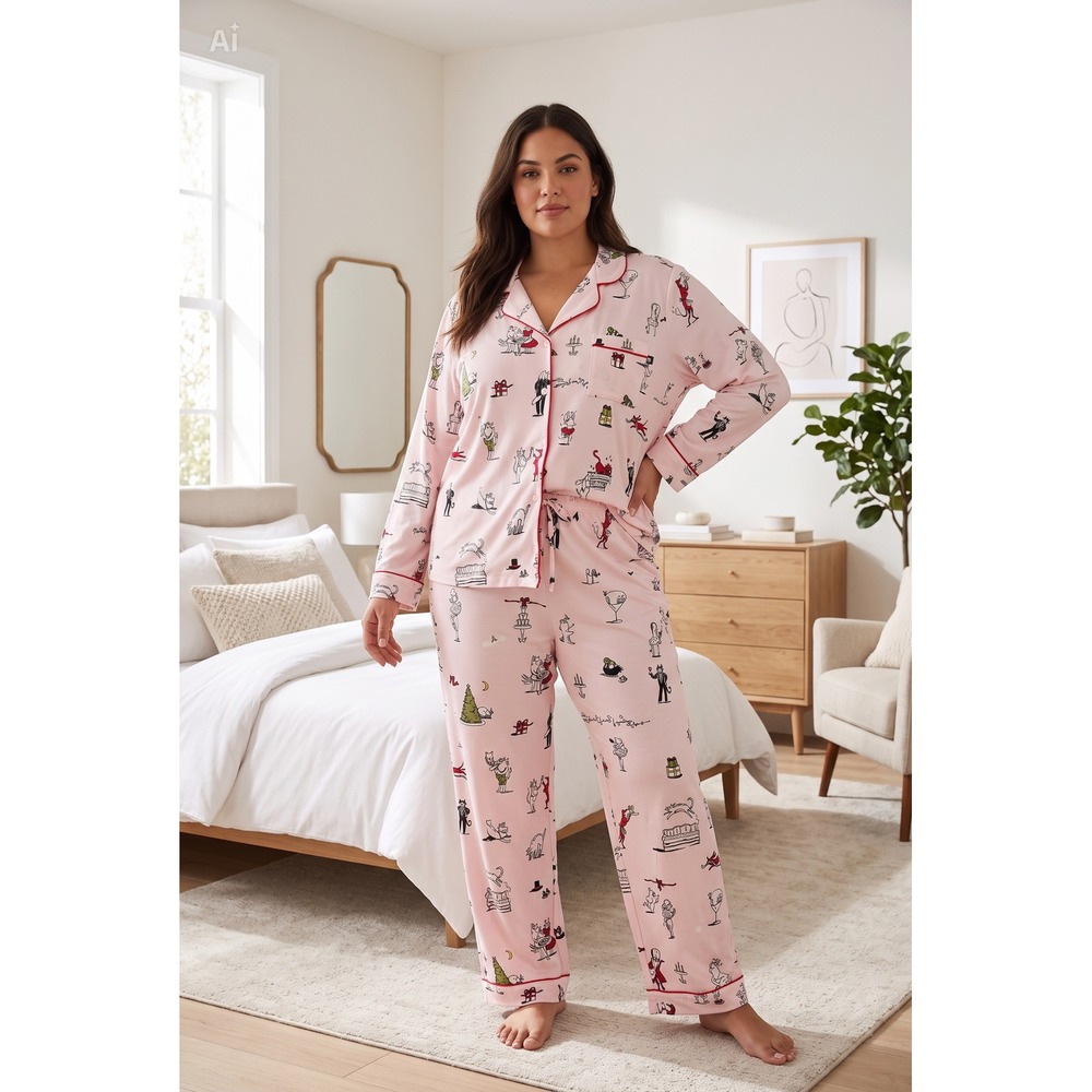 Kate Spade Classic Pink Holiday Party Cat Dog Pajama Set 3X Long Sleeve 2 Piece